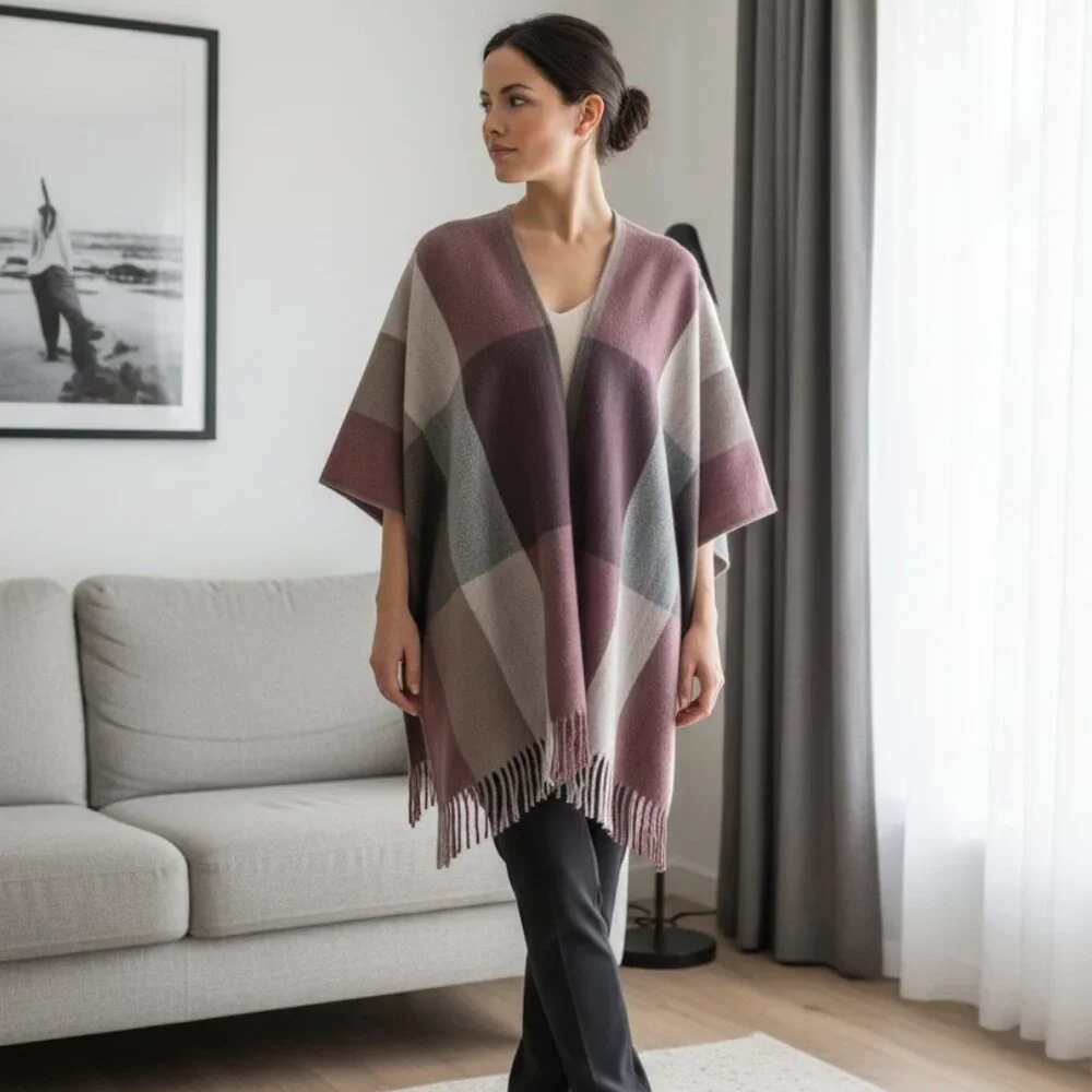 Woolrich Fringed Rose, Mauve and Gray‎ Squares Cape in OS